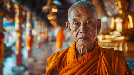 A Buddhist monk with a serious face, a Portrait of a Old Asian man looking like a Shaolin monk, created with generative