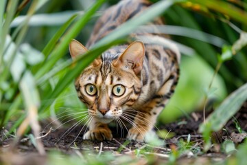 A Bengal cat stealthily crouching as if stalking an unseen prey