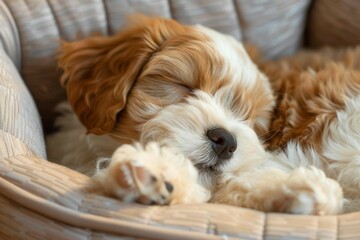 A Cockapoo puppy sleeping soundly in a cozy indoor bed