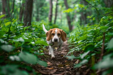 A Beagle following a scent trail in a lush green forest