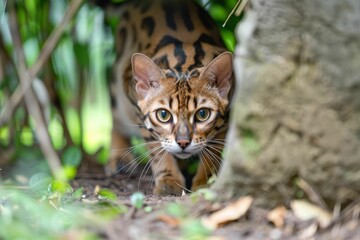 A Bengal cat stealthily crouching as if stalking an unseen prey