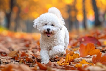 A Bichon Frise dog frolicking among autumn leaves
