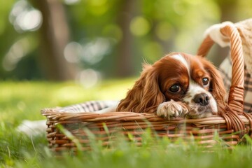 A Cavalier King Charles Spaniel patiently waiting by a picnic basket