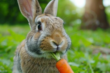 A close-up of a rabbit nibbling on a fresh carrot
