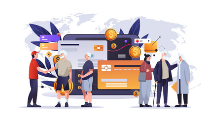 people making payments with debit or credit cards in computer app financial transactions fintech business investment concept