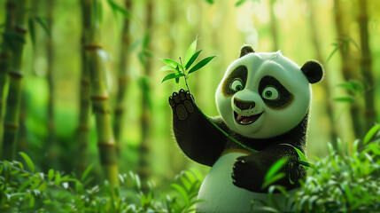 a charming scene of a panda delicately holding a bamboo leaf stick in its paws, capturing the...
