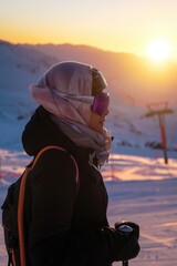 A Snowy Sunset and the Last Ski Run of the Day - obrazy, fototapety, plakaty