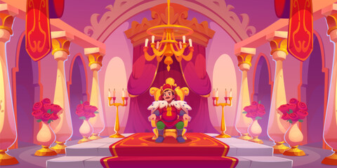 Young king with crown sitting on golden royal throne on pedestal in castle hall room with red carpet and wall curtain decoration, flags and stone columns, chandelier and big windows, candles and roses - obrazy, fototapety, plakaty