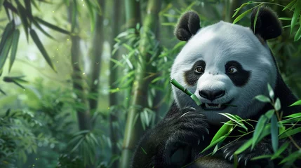 Poster a charming scene of a panda delicately holding a bamboo leaf stick in its paws, capturing the serene beauty of its bamboo forest habitat High detailed and high resolution smooth and high quality photo © Kashif Ali 72