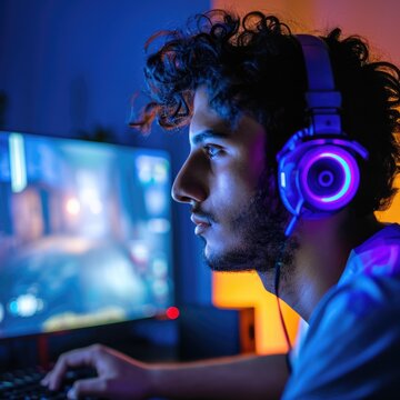 Young man using gaming headset and keyboard while playing video games at night