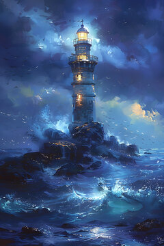 A lighthouse tower stands tall against the darkness of the night, illuminating the ocean with its beacon. The sky is painted with dusk hues, creating a beautiful contrast in the atmosphere