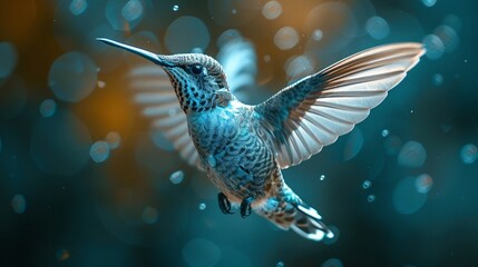 A hummingbird in radiant flight its iridescent feathers illuminated by blue light