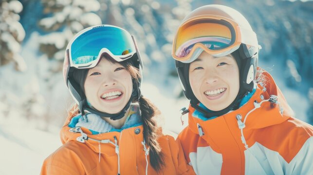 Two women wearing ski gear, smiling, and posing for a photo on a mountain.