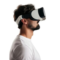 Man Immersed in Virtual Reality with Google Goggles