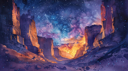 A watercolor painting of a surreal piece featuring a canyon bathed in the twilight hues of a cosmic sunset, with a sky full of stars hinting at the vastness of the universe.