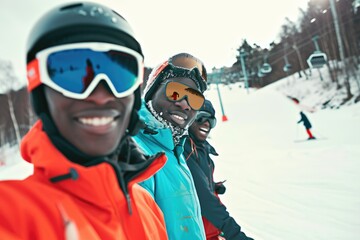 Fototapeta na wymiar A Smiling Trio of Friends Posing on a Ski Mountain