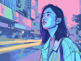 illustration of an Asian woman in the city