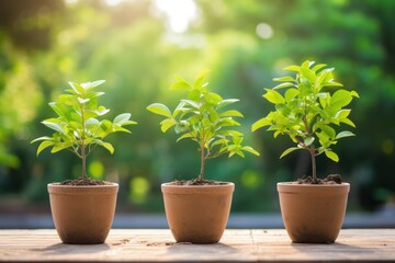 young 3 trees in plant pot growing with sunshine in garden. eco concept