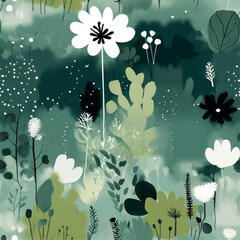 Aqua Terra Brown French Grey Abstract Wild Flower Elegant Leaf Watercolor Scandinavian Design Seamless Pattern Wallpaper Curtain Bedding Upholstery White Background Vector