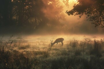 A gentle deer grazing in a misty meadow at dawn, the first light casting a serene glow