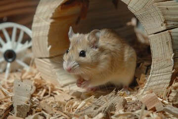 A Gerbil exploring a complex habitat with tunnels and wheels