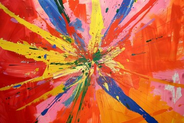 A radial burst of lines and shapes in bright, primary colors, creating a sense of explosive energy and vitality