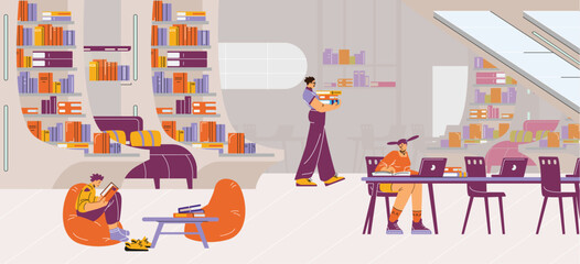 Modern library reading vector illustration set