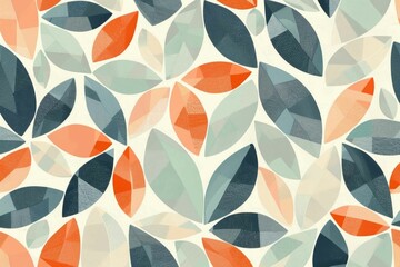 A seamless pattern of geometric leaves and petals in a subtle, nature-inspired color palette, suggesting organic forms within a structured design