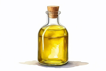 Olive oil in a glass bottle with cork on a white background