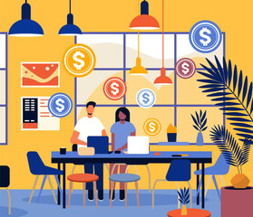 mix race businesspeople working in creative co-working center young men women freelancers team using laptops in modern office