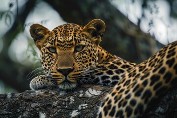 A solitary leopard resting on a tree branch, its gaze penetrating and alert