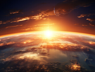 Obraz premium A view of the earth from space with the sun setting over the horizon