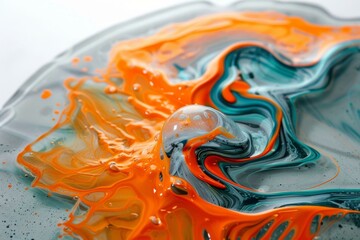 Bright orange and deep teal liquid eddies on a light gray marble, simulating a lively, spirited interaction