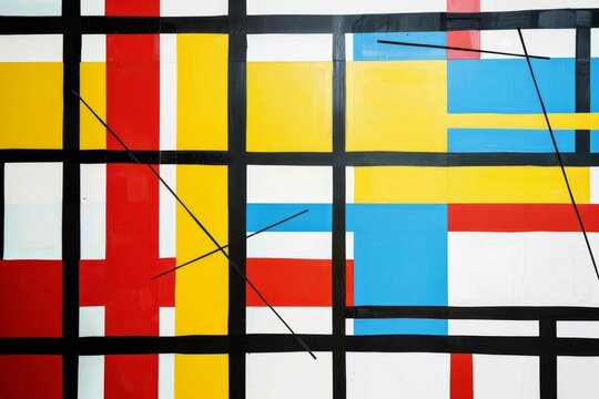 Bold, intersecting lines in red, yellow, and blue on a white background, reminiscent of a Mondrian painting