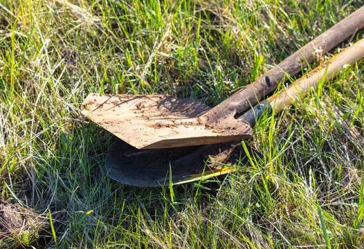 The shovel lies on the green grass