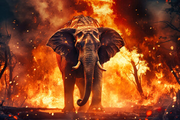 An elephant stands in front of a raging forest fire, showcasing the impact of the environmental issue on wildlife