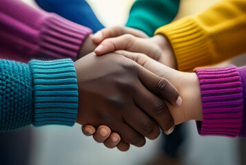 Close-up of a diverse group of people holding hands together.