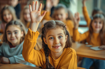 Enthusiastic Elementary Student Raising Hand in Classroom