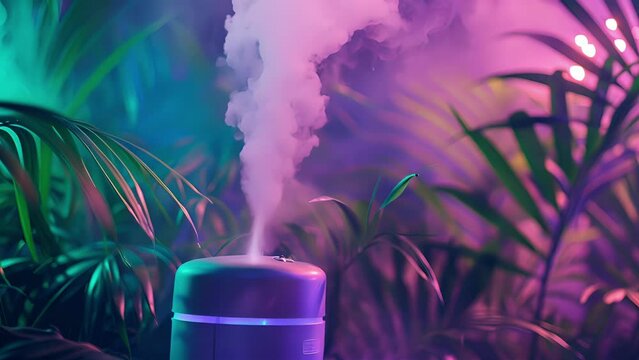 The mist nozzle of a humidifier surrounded by lush green plants emphasizing the natural moisture it provides.