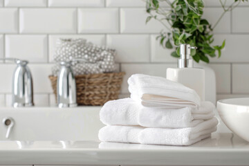 Fototapeta na wymiar Serene White Bathroom Towels and Accessories on Marble Counter