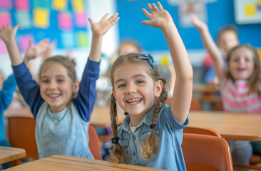 Delighted Schoolchildren Participating with Raised Hands in Classroom