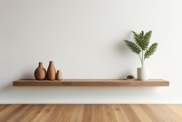Wooden shelf with vases and plants in modern interior. 3d render