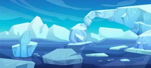 Arctic landscape with iceberg in ocean or sea. Cartoon vector illustration of blue polar scenery with glacier snow mountain and ice blocks floating in water. Cold northern horizon with floe.