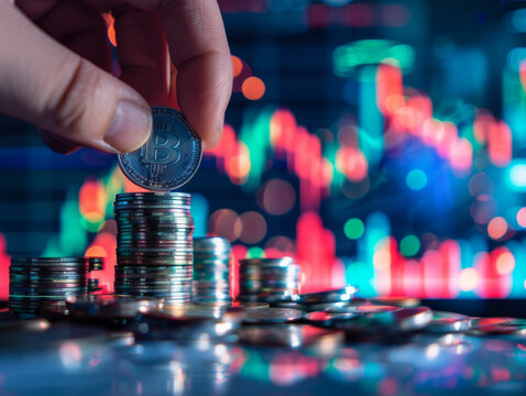 Cryptocurrency Investment: Hand Placing Bitcoin on Rising Coin Stacks Against Futuristic Digital Background