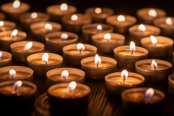 group of candles in the dark, religion Close up one candlelight in the dark goes out among the...