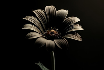 Black and white gerbera daisy flower isolated on black background
