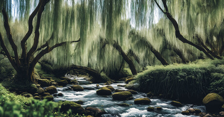 Whispering Willow Grove. Beneath ancient willow trees, their long branches trailing in a silver rive