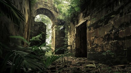 Fototapeta na wymiar Abandoned Colonial Fort at Night Background - Haunting illustration of an abandoned colonial fort under the moonlight, its crumbling walls overtaken by the jungle created with Generative AI Technology
