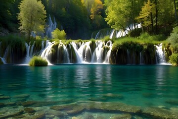 Plitvice Lakes Park features waterfalls and a water structure.
