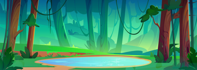 Cartoon vector summer forest landscape with lake. Little pond with blue clear water, shore with green grass, trees with moss and bushes. Spring panoramic nature scene of woodland with reservoir. - obrazy, fototapety, plakaty